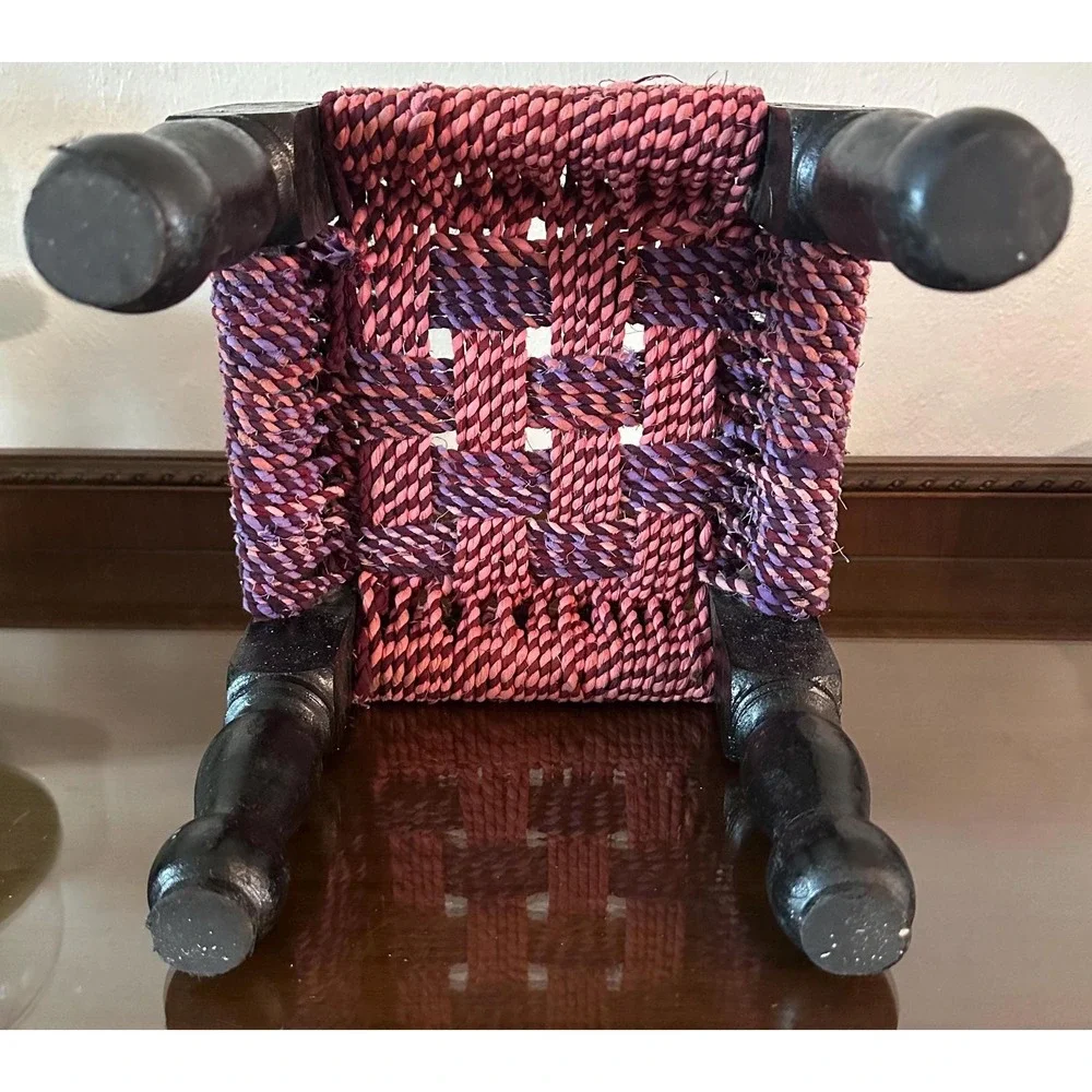 Vintage Pink and Purple Hand Woven Small Low Seat Stool